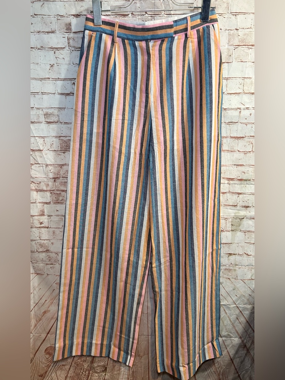 Striped Wide Leg‎ Linen-Blend Pants in Pastel Pink/ Blue Multi I Size Small - Picture 4 of 6